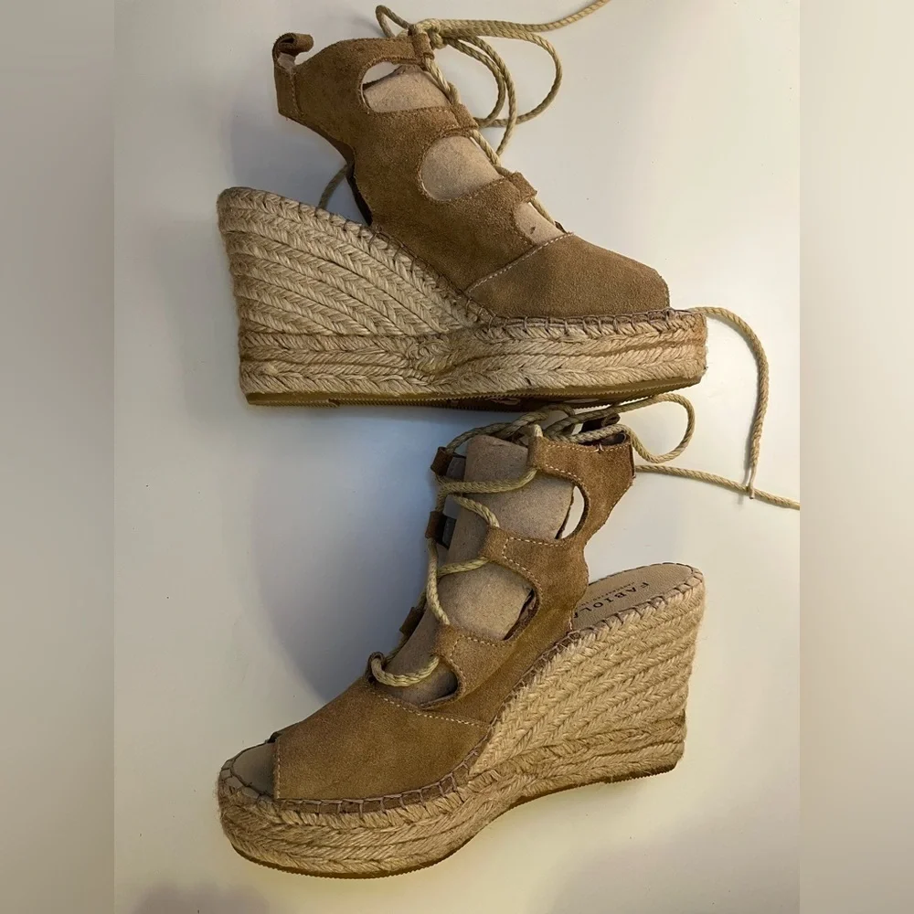 Fabiolas Tan Lace Up Cut Out Wedge Leather Espadrille Sandals